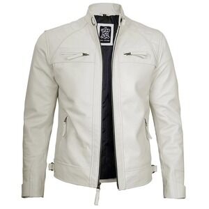 D1 Men Jacket Off White Real Leather Biker‎ Motorcycle Style Size XXL NWT